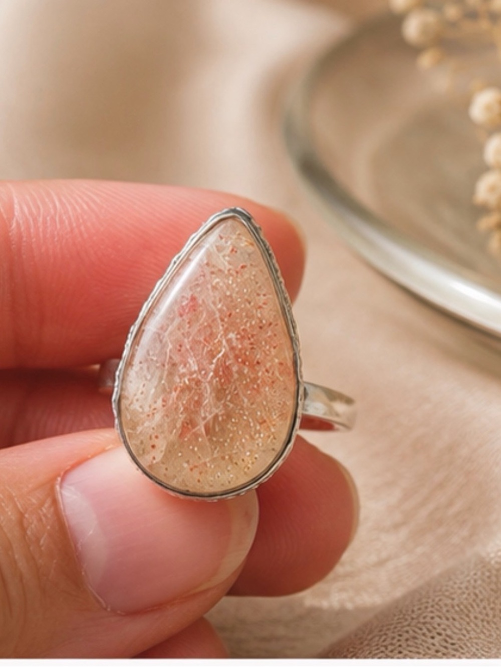 925 Sterling Silver Teardrop Peach Sunstone Ring